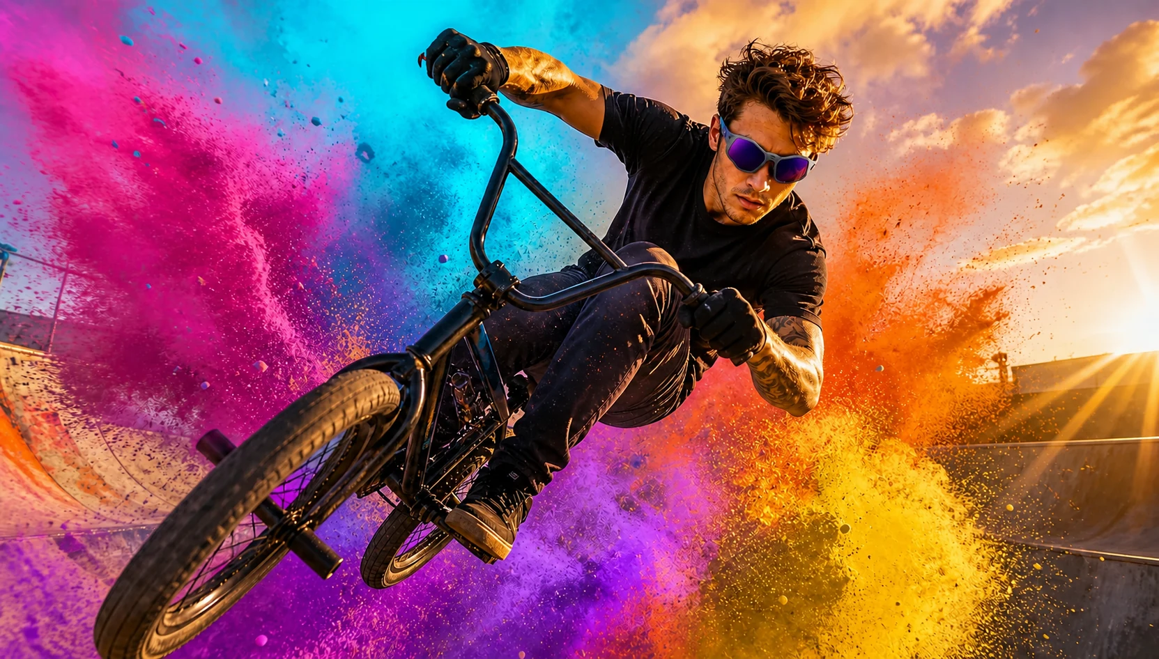 BMX athlete wearing purple-lens RAZAR Space Webb sunglasses while jumping through vivid colored powder