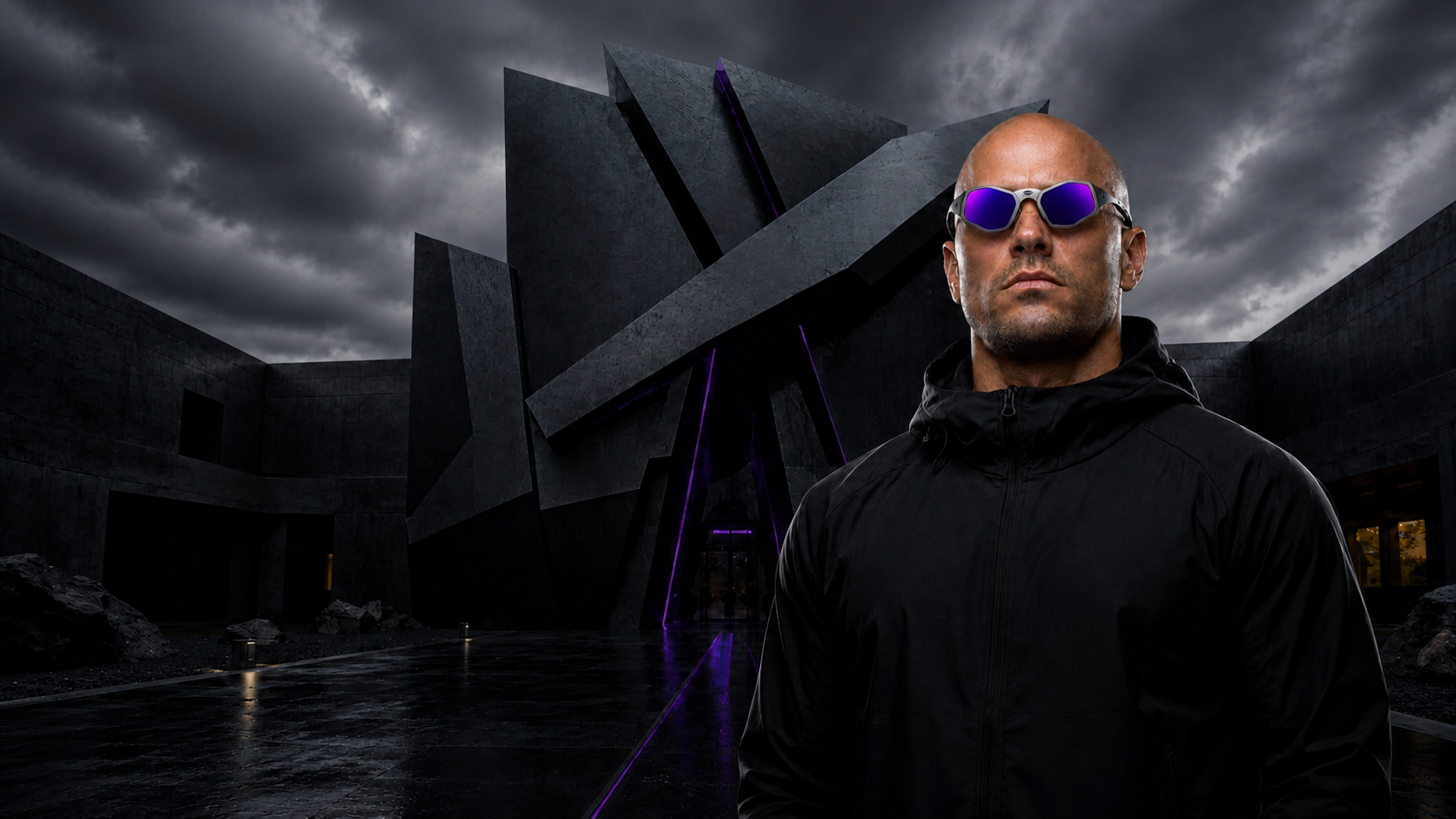 RAZAR model wearing Space Webb eyewear in front of a blue-grey graphite compound
