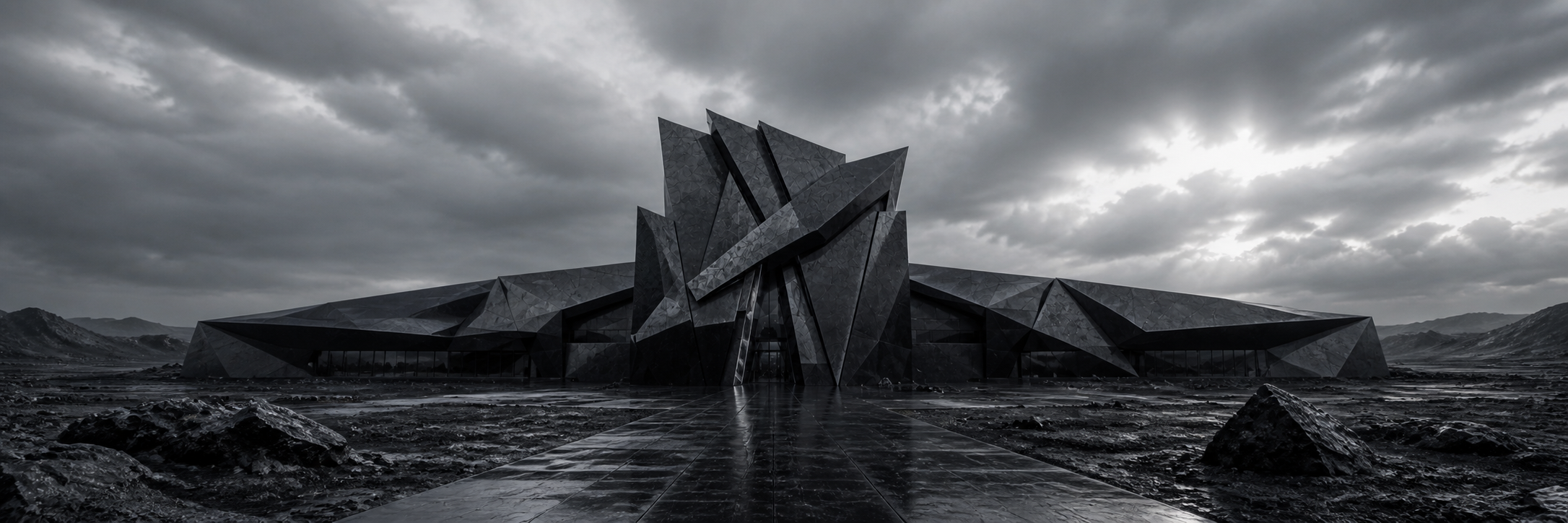 RAZAR headquarters spanning a stark monochrome lunar landscape beneath a storm-dark sky