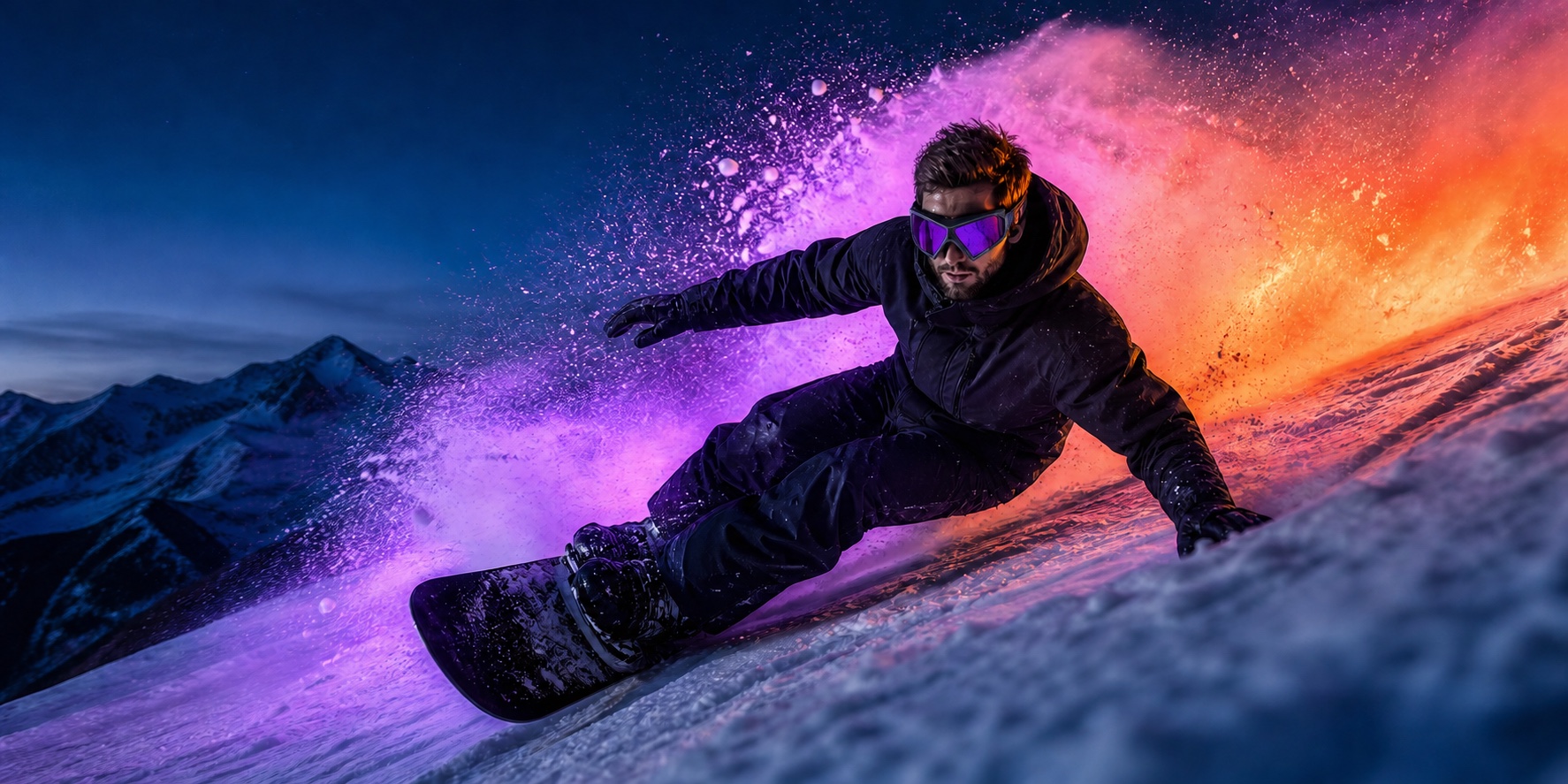 Snowboarder carving through colorful alpine powder in violet mirrored performance eyewear