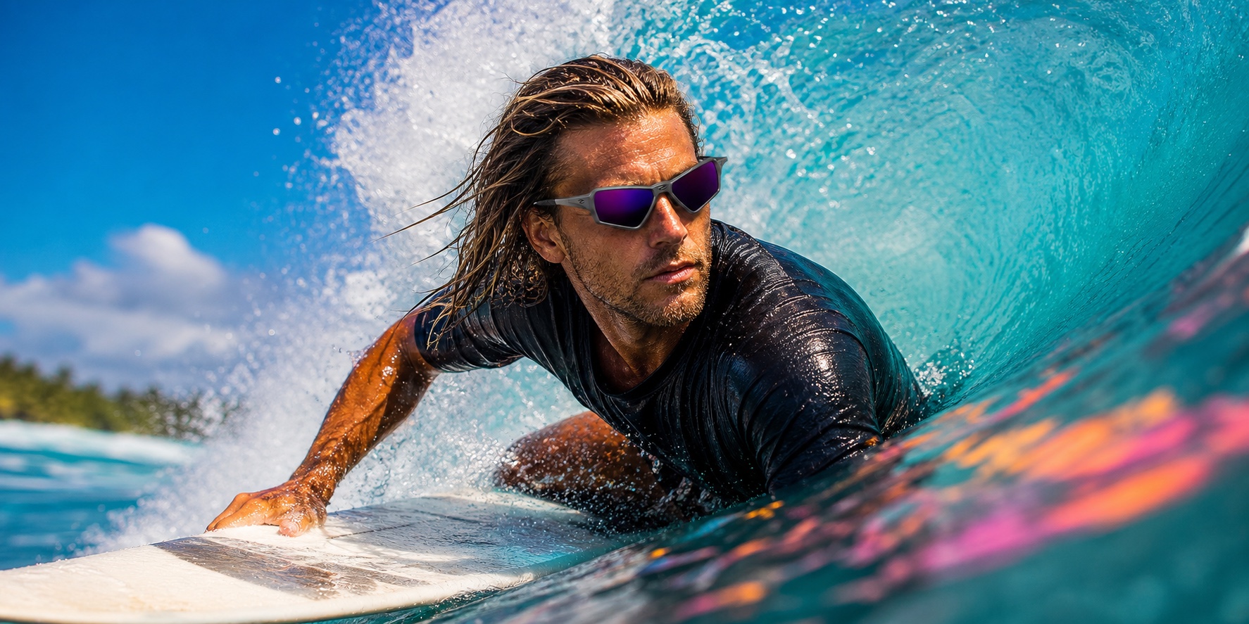 Surfer carving through a colorful turquoise wave in angular graphite eyewear with violet mirrored lenses